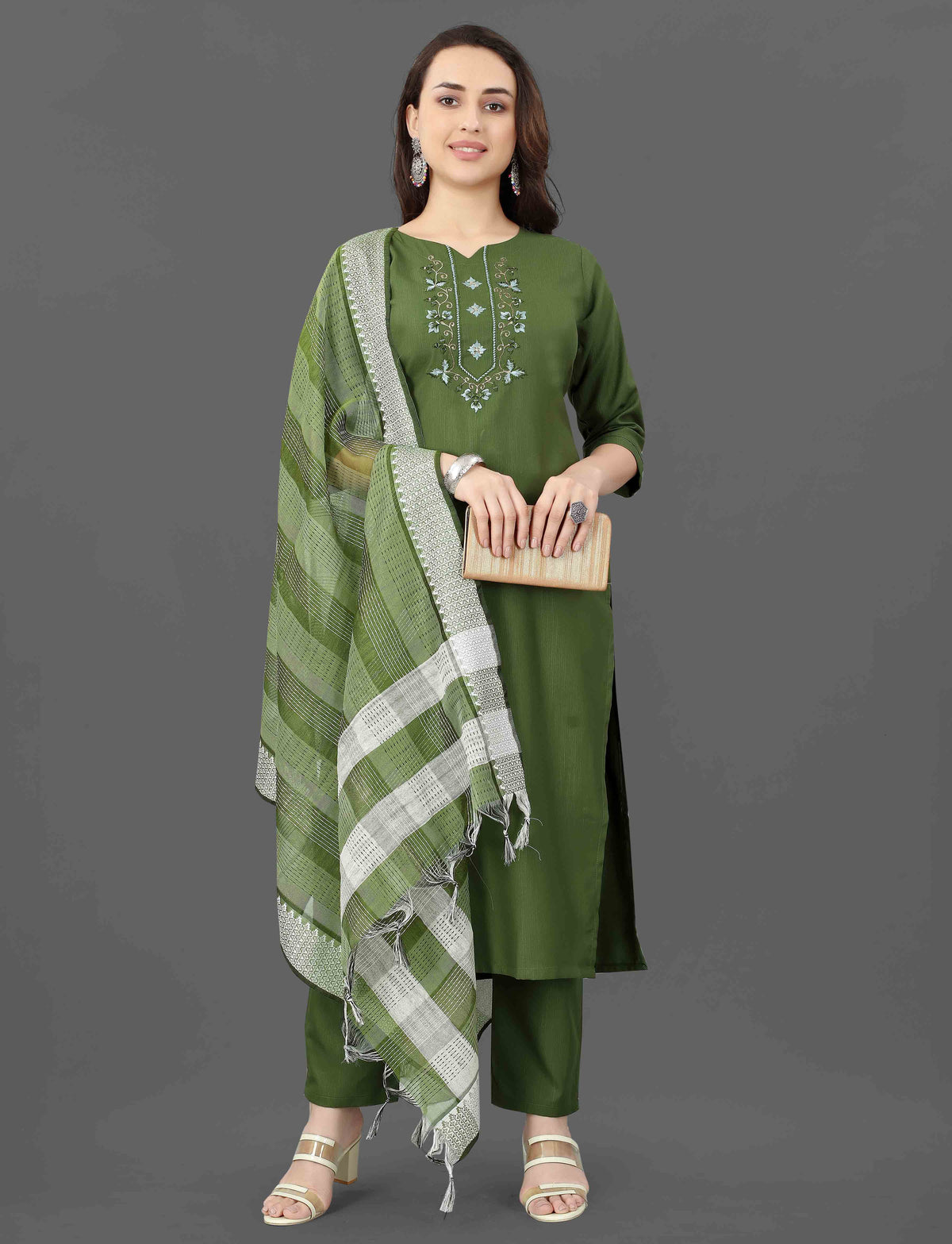 SalvarLove Sophisticated Cotton Suit Set with Embroidered Neckline-Mhendi