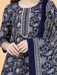 SalwarLove  Fully Stitched Cotton Blend Kurta, Pant & Dupatta Set | Color: Navy blue