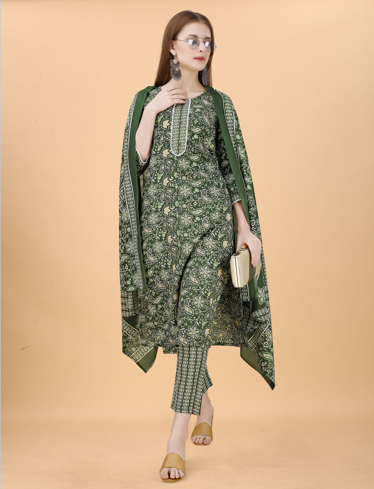 Fully Stitched Cotton Blend Kurta, Pant & Dupatta Set | Color: Green