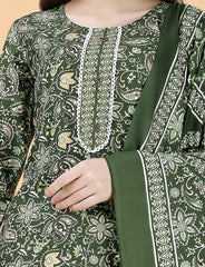 Fully Stitched Cotton Blend Kurta, Pant & Dupatta Set | Color: Green