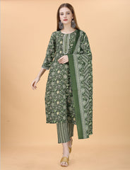 Fully Stitched Cotton Blend Kurta, Pant & Dupatta Set | Color: Green