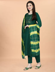 SalwarLove  Embroidered Cotton Blend Suit Set with Tie-Dye Dupatta-Green