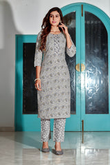 SalwarLove Grey Muse: Foil Print Kurta Set with Mirror Sparkle.