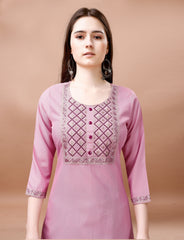 SalwarLove Fully Stitched Cotton Blend Kurta, Pant & Chanderi Dupatta | Pastel Embroidery-Pink