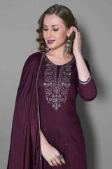 SalwarLove Regal Charm – Purple Silk Suit with Dupatta. Elegant Flow | Fully Stitched | Embroidered Yoke | Fastive-Perfect