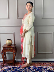 SalwarLove Royal Radiance: Cream Salwar Suit with Printed Red Dupatta.