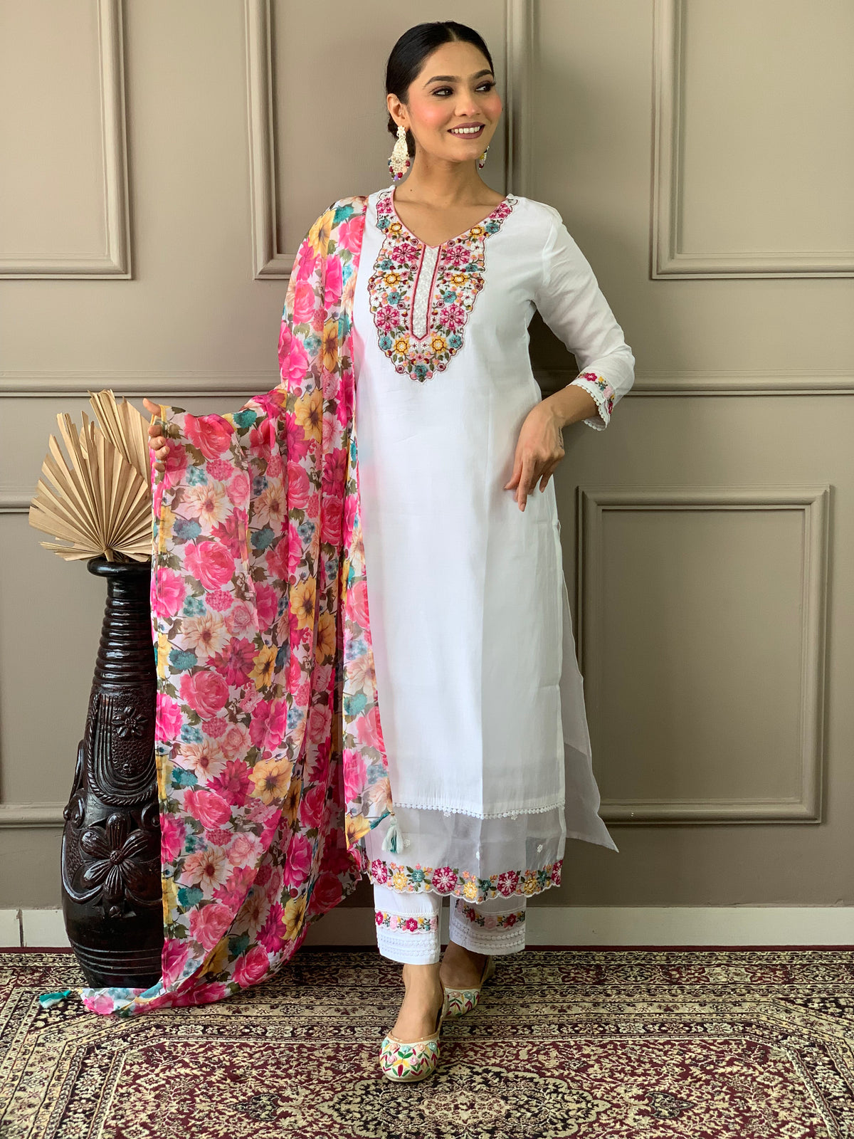 SalwarLove Women's Off White Chanderi with Cotton Lining Embroidered Straight Kurta with Chanderi Silk Pant And Crep Silk Printed Dupatta Sets.