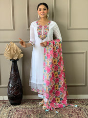 SalwarLove Women's Off White Chanderi with Cotton Lining Embroidered Straight Kurta with Chanderi Silk Pant And Crep Silk Printed Dupatta Sets.