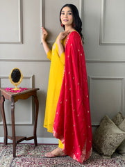 SalwarLove Women's Mustard Chanderi With full Cotton Lining Embroidered Straight Kurta with Chanderi Pant And Viscose Jacquard Dupatta Sets.