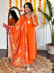 SalwarLove Women's Orange Viscose Chanderi with Lining Embroidered Straight Kurta with Viscose Chanderi Pant And Jacquard Silk Printed Dupatta Sets.