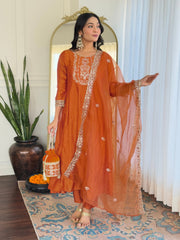 SalwarLove Women's Orange Vichitra Silk Embroidered Straight Kurta with Vichitra Silk Pant And Organza Embroidered Dupatta Sets.