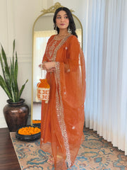 SalwarLove Women's Orange Vichitra Silk Embroidered Straight Kurta with Vichitra Silk Pant And Organza Embroidered Dupatta Sets.