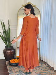 SalwarLove Women's Orange Vichitra Silk Embroidered Straight Kurta with Vichitra Silk Pant And Organza Embroidered Dupatta Sets.
