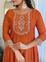 SalwarLove Women's Orange Vichitra Silk Embroidered Straight Kurta with Vichitra Silk Pant And Organza Embroidered Dupatta Sets.