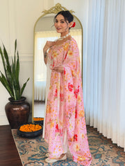 SalwarLove Women's Off White Rayon with Inner Embroidered Straight Kurta with Rayon Pant And Silk Chiffon Laced Dupatta Sets.