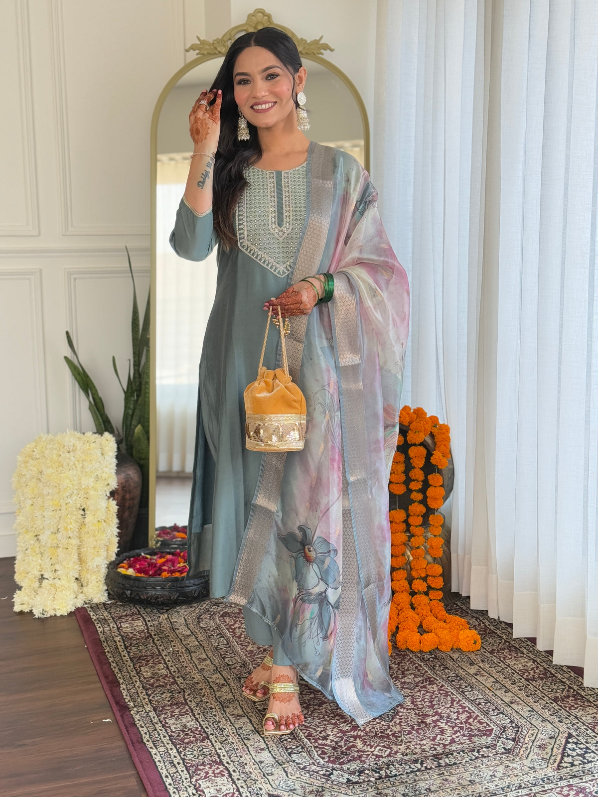 SalwarLove Women's Pista BSY Viscose Embroidered Straight Kurta with BSY Viscose Pant And Organza Printed Dupatta Sets.