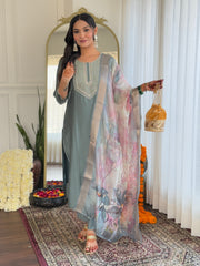 SalwarLove Women's Pista BSY Viscose Embroidered Straight Kurta with BSY Viscose Pant And Organza Printed Dupatta Sets.