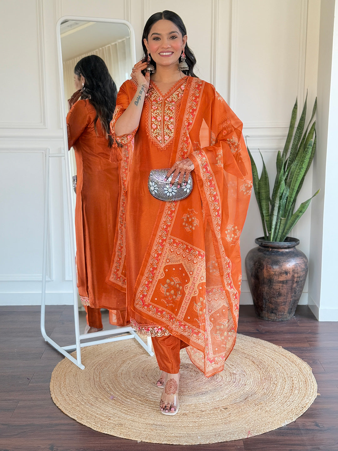 Salwarlove Women's BSY Viscose Embroidered Straight Kurta with BSY Viscose Pant And Taby Printed Dupatta Sets-Orange.