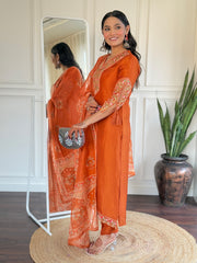 Salwarlove Women's BSY Viscose Embroidered Straight Kurta with BSY Viscose Pant And Taby Printed Dupatta Sets-Orange.
