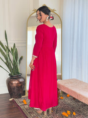 SalwarLove Women's Red Vichitra Silk Embroidered Flared Kurta with Rayon Pant And Chinon Embroidered Dupatta Sets-Pink