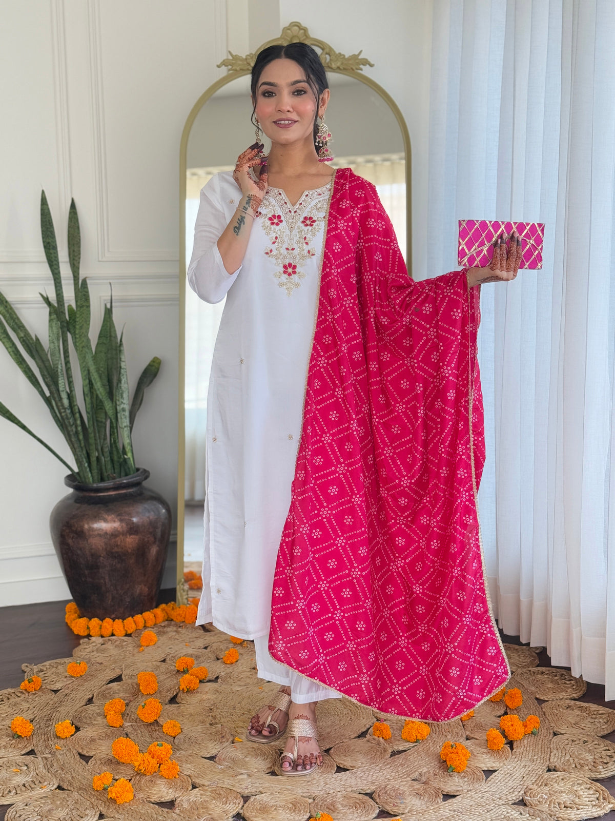 SalwarLove Women's White BSY Viscose Embroidered Straight Kurta with BSY Viscose Pant And Silk Blend Laced Dupatta Sets full iner .