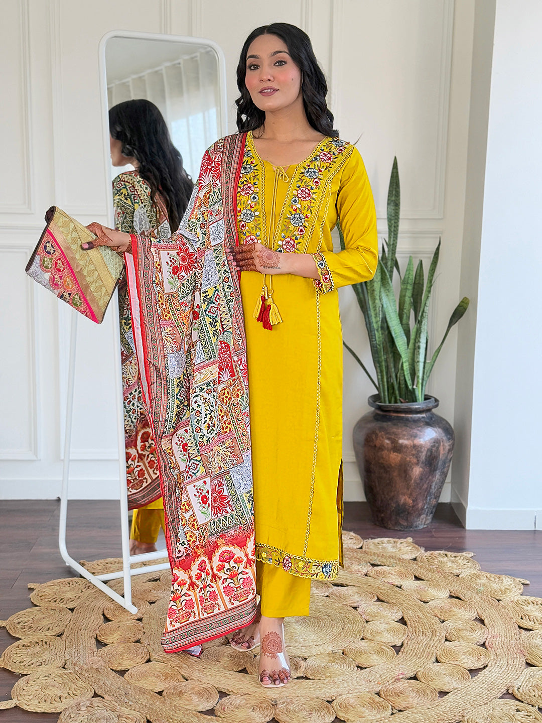 SalwarLove Women's Mustard BSY Viscose Embroidered Straight Kurta with BSY Viscose Pant And Art Silk Printed Dupatta Sets.Yellow
