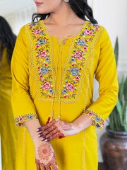 SalwarLove Women's Mustard BSY Viscose Embroidered Straight Kurta with BSY Viscose Pant And Art Silk Printed Dupatta Sets.Yellow