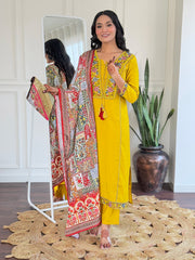 SalwarLove Women's Mustard BSY Viscose Embroidered Straight Kurta with BSY Viscose Pant And Art Silk Printed Dupatta Sets.Yellow