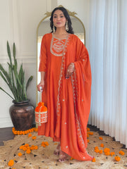SalwarLove Women's Orange Vichitra Silk Embroidered Straight Kurta with Rayon Pant And Vichitra Silk Embroidered Dupatta Sets-Orange.