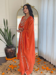 SalwarLove Women's Orange Vichitra Silk Embroidered Straight Kurta with Rayon Pant And Vichitra Silk Embroidered Dupatta Sets-Orange.