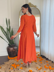 SalwarLove Women's Orange Vichitra Silk Embroidered Straight Kurta with Rayon Pant And Vichitra Silk Embroidered Dupatta Sets-Orange.