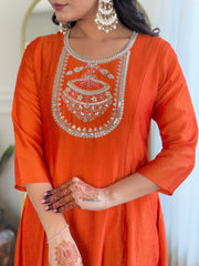 SalwarLove Women's Orange Vichitra Silk Embroidered Straight Kurta with Rayon Pant And Vichitra Silk Embroidered Dupatta Sets-Orange.
