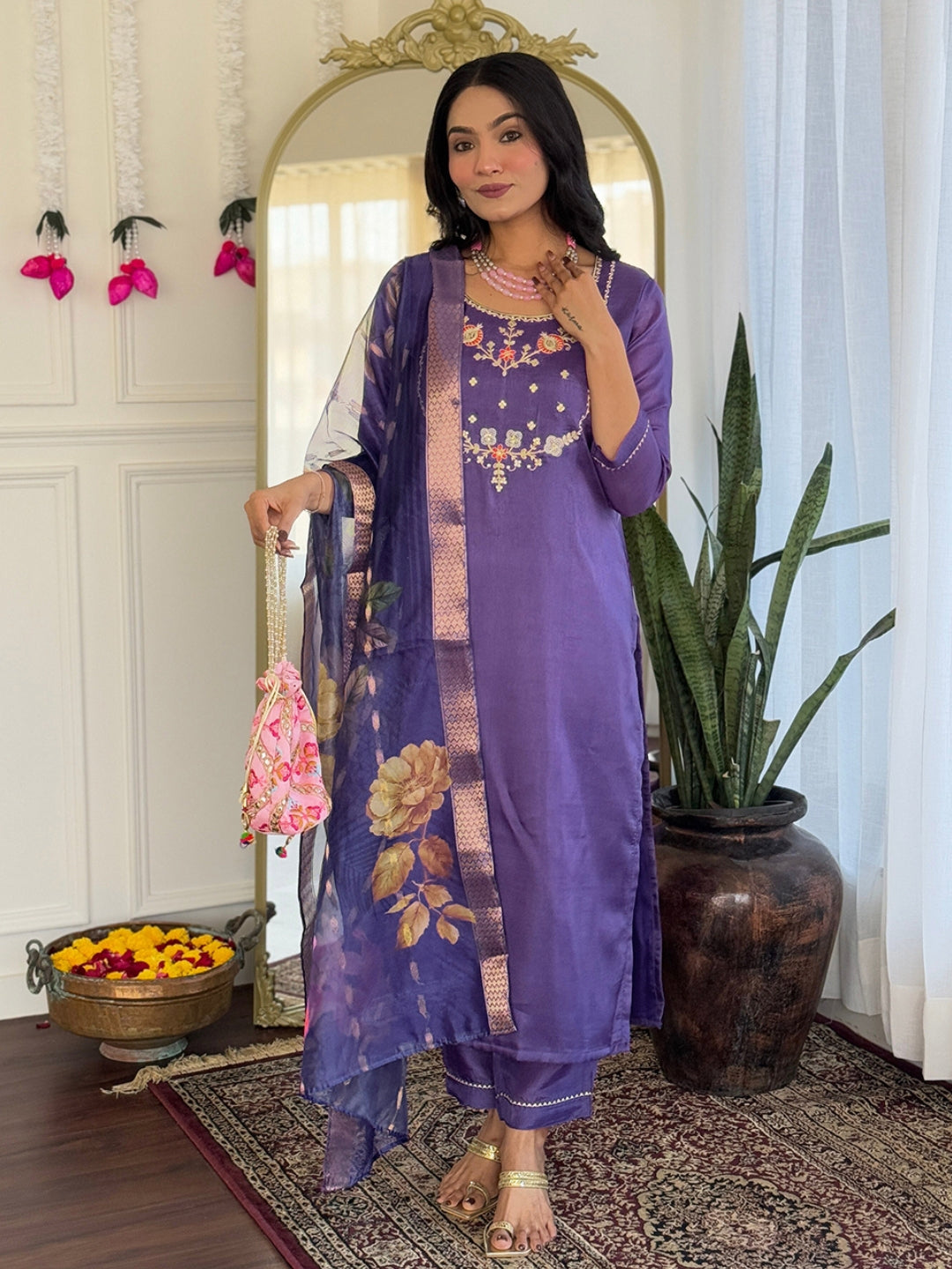 SalwarLove Women's Viscose Embroidered Straight Kurta with Viscose Pant And Jacquard Printed Dupatta Sets-Purple.