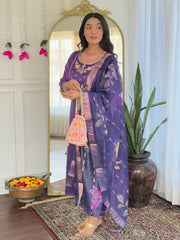 SalwarLove Women's Viscose Embroidered Straight Kurta with Viscose Pant And Jacquard Printed Dupatta Sets-Purple.