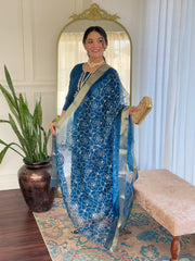 SAlwarLove Women's Petrol Rayon Embroidered Straight Kurta with Rayon Pant And Organza Jacquard Dupatta Sets-Petrol