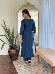 SAlwarLove Women's Petrol Rayon Embroidered Straight Kurta with Rayon Pant And Organza Jacquard Dupatta Sets-Petrol