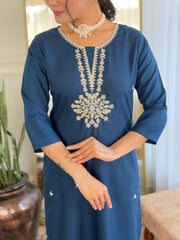 SAlwarLove Women's Petrol Rayon Embroidered Straight Kurta with Rayon Pant And Organza Jacquard Dupatta Sets-Petrol