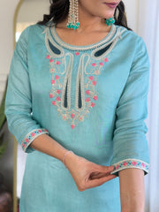 SalwarLove Women's Sky Viscose Embroidered Straight Kurta with Viscose Pant And Organza Sky Jacquard with digital Print Dupatta Sets