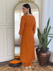 SalwarLove Women's Rust Rayon Embroidered Straight Kurta with Rayon Pant And Taby Printed Dupatta Sets-Rust