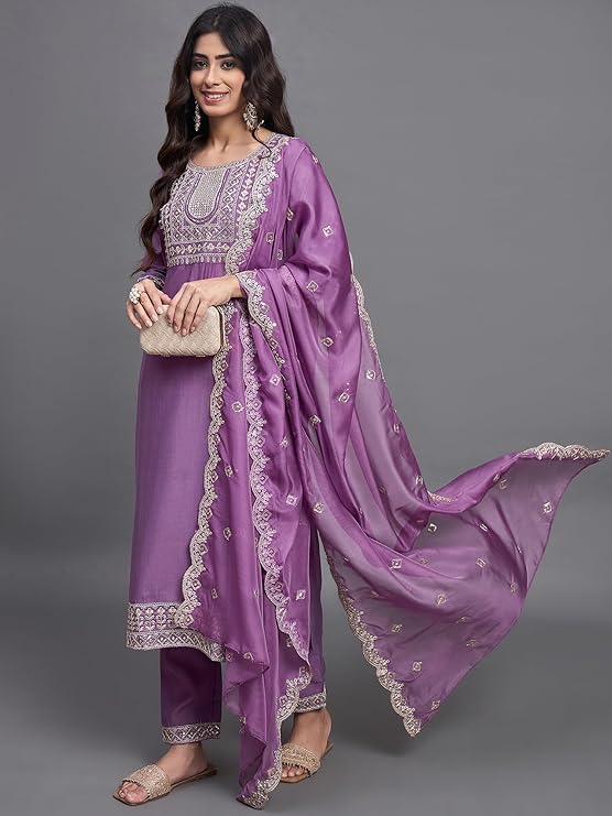 SalwarLove Designer Purple Embroidered Straight Kurti Set with Rich Organza Dupatta | Chinon Viscose Ethnic Wear for Women.