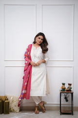 SalwarLove  Light & Lovely: Elegant Off-White Kurti Set with Detailed Embroidery & Festive Bandhej-Style Dupatta.