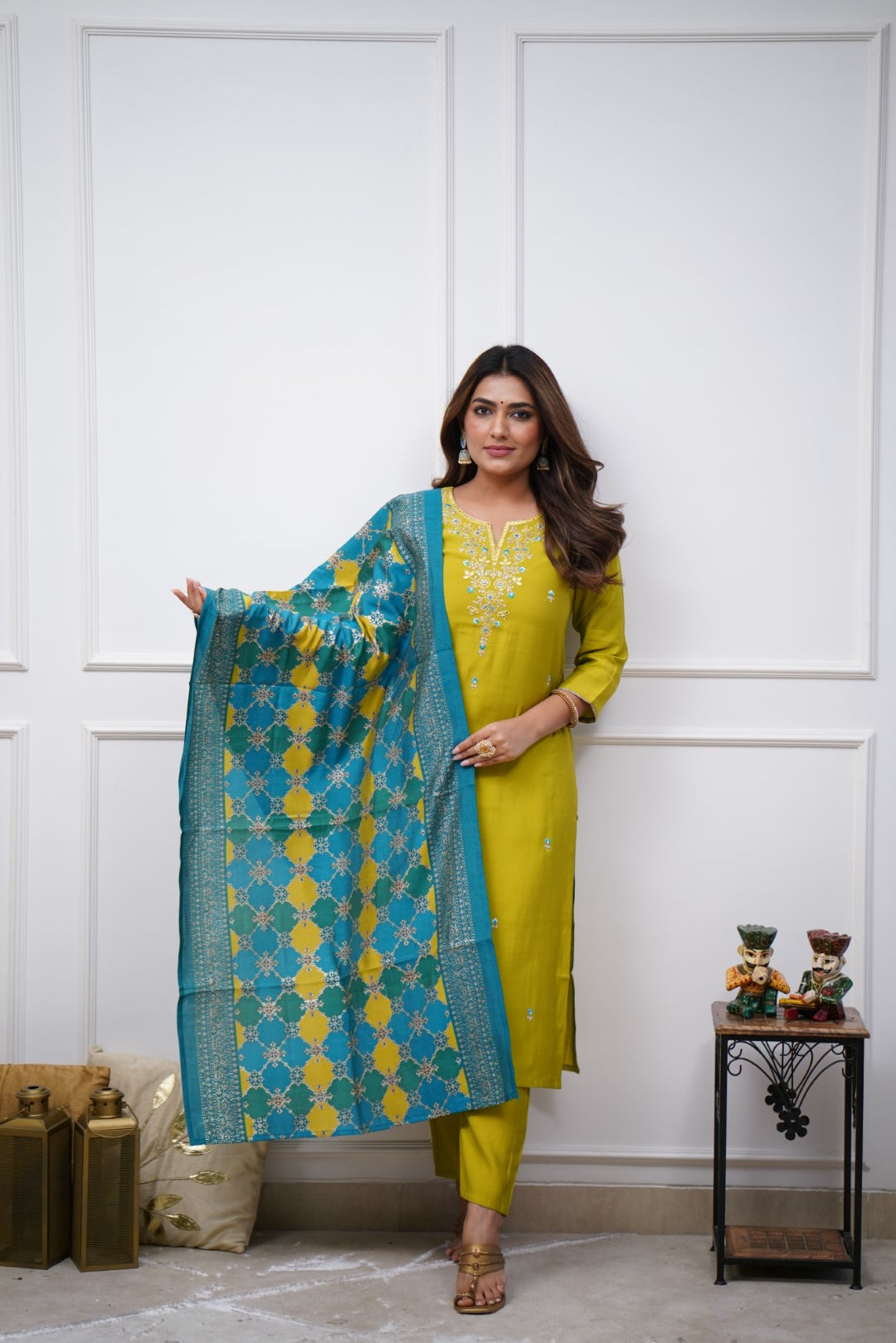 SalwarLove Lustrous Mustard Yellow Chanderi Kurti Set with Intricate Neck Embroidery and Royal Blue-Green Jacquard Dupatta – Ethnic Elegance Redefined.