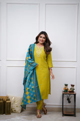 SalwarLove Lustrous Mustard Yellow Chanderi Kurti Set with Intricate Neck Embroidery and Royal Blue-Green Jacquard Dupatta – Ethnic Elegance Redefined.