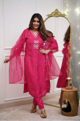 Salwar Love Sunset Radiance: Elegant Rani Chanderi Embroidered Suit Set with Organza Dupatta