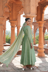 SalwarLove Premium Cream Vichitra Silk Kurti Pant Dupatta Set for Special Occasions.