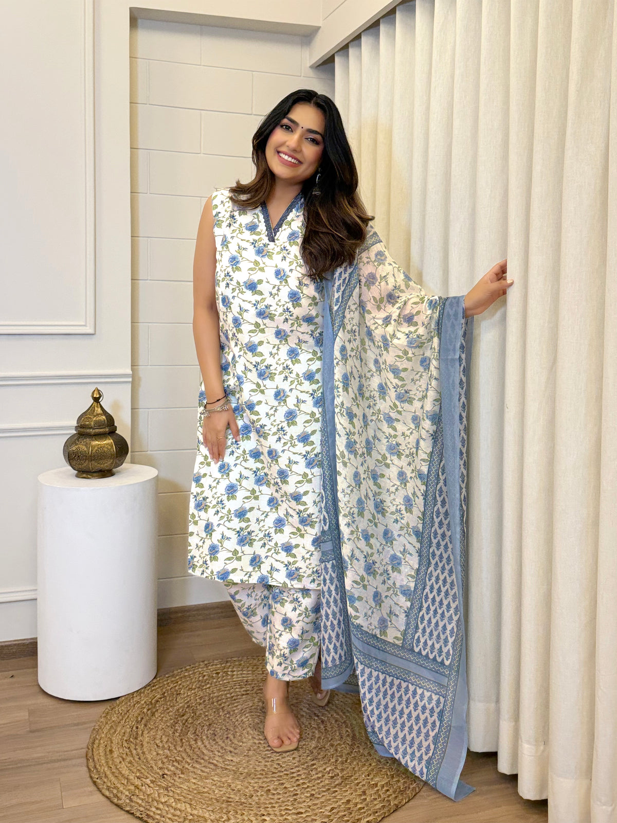 SalwarLove Elegant Cotton Slub Suit Set for Women with Floral Print, One-Side Pocket & Chanderi Dupatta.