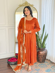 SalwarLove Designer Rust Orange Kurti Set with Embroidery & Chinon Dupatta.