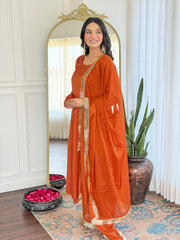 SalwarLove Designer Rust Orange Kurti Set with Embroidery & Chinon Dupatta.