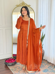 SalwarLove Designer Rust Orange Kurti Set with Embroidery & Chinon Dupatta.