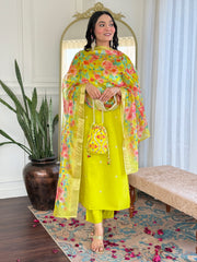 SalwarLove Women's Lime Green Embroidered Viscose Chanderi Straight Kurta Set with Floral Jacquard Dupatta.